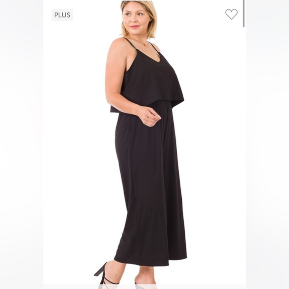 *Last One* Plus Size Sleeveless Double Layer Ribbed Wide Leg Black Jumpsuit - Picture 2 of 5